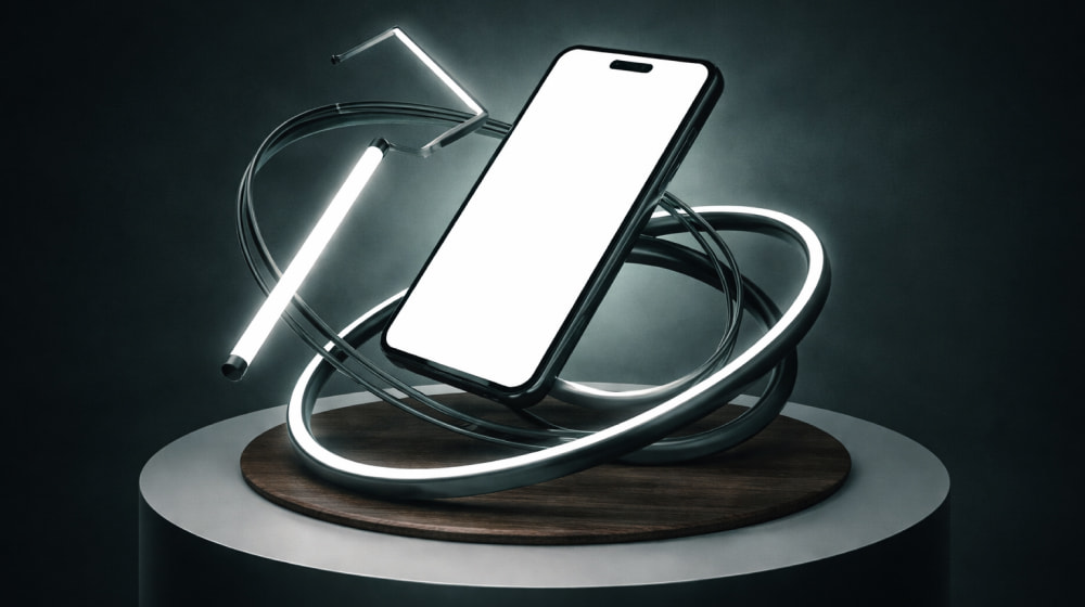 Smartphone floating above a wooden base with glowing white light trails and rings