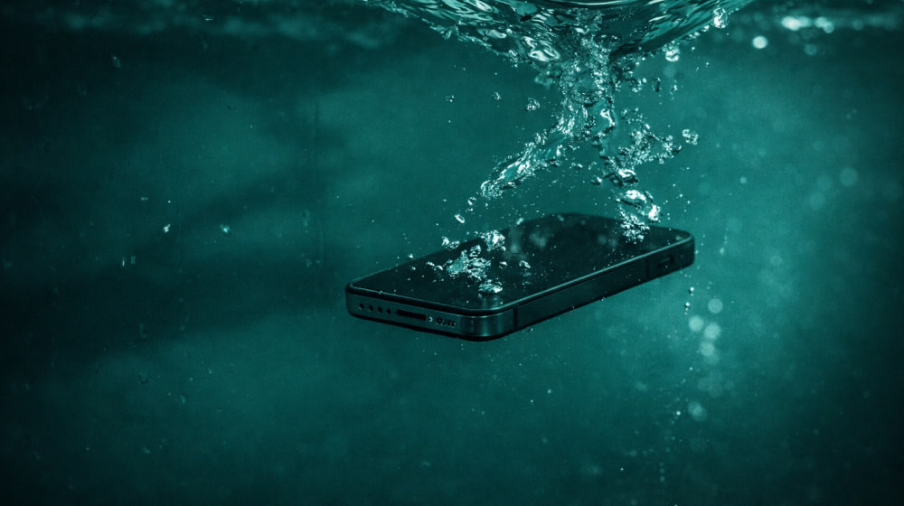 Smartphone submerged in water with bubbles, floating underwater