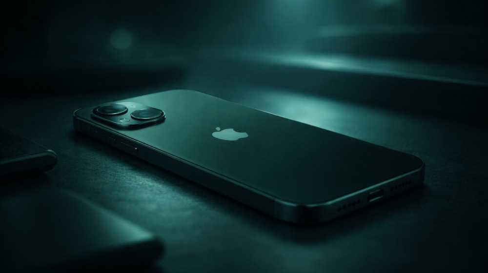 Black iPhone lying on a dark surface with soft teal lighting