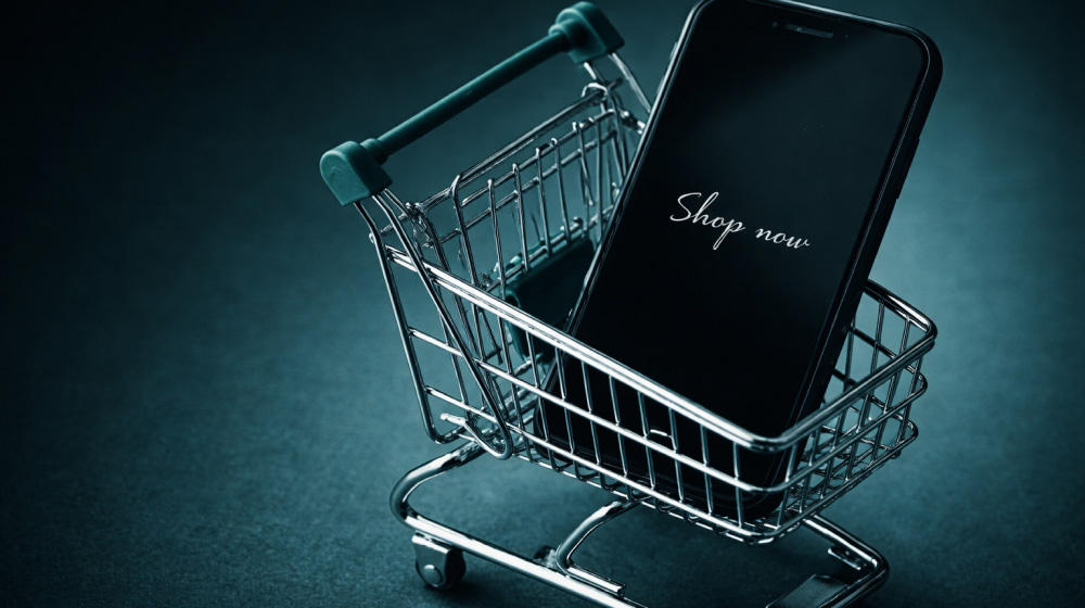 Smartphone placed inside a miniature shopping cart on a dark background